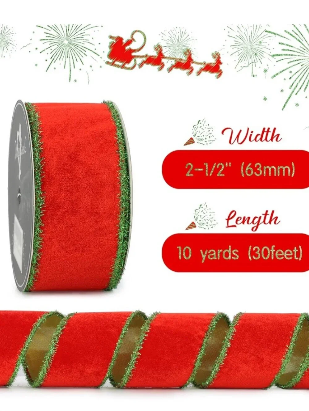Mayreel. Festive Red Velvet Ribbon with Green Tinsel Trim. 10 yards. NWT.